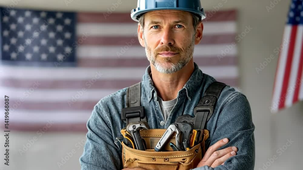 Poster skilled worker poses confidently with tools in front of an american flag during a construction proje