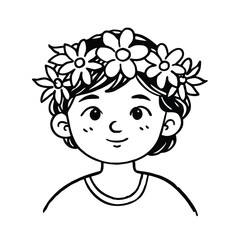 Cartoon Girl With Flower Crown In Black And White Line Art Style Illustration