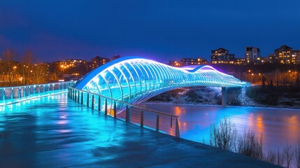 Naklejka premium A modern footbridge illuminated with blue lights spans a waterway