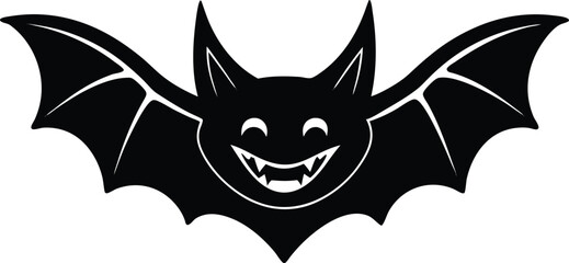 black and white bat, horror halloween bat icon, bat with wings, black and white halloween bat, smiling bat wing silhouette vector icon, ghost type horror bat.