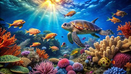 Naklejka premium Sunlit Ocean Depths A Turtle and Vibrant Coral Reef Ecosystem Flourishes
