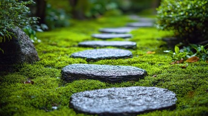 Tranquil Garden Pathway with Stone Slabs Surrounded by Green Moss