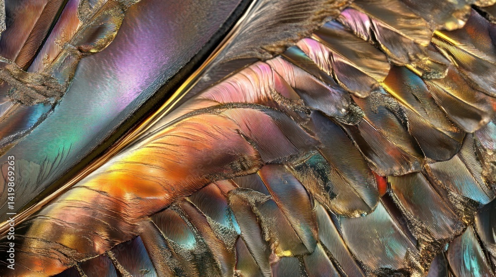 Poster iridescent close up of overlapping feathers with various colors