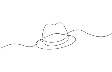 Continuous single drawn one line men hat, one line drawing of cowboy hat, Vector continuous one line drawing of panama hat simple line art vector illustration.