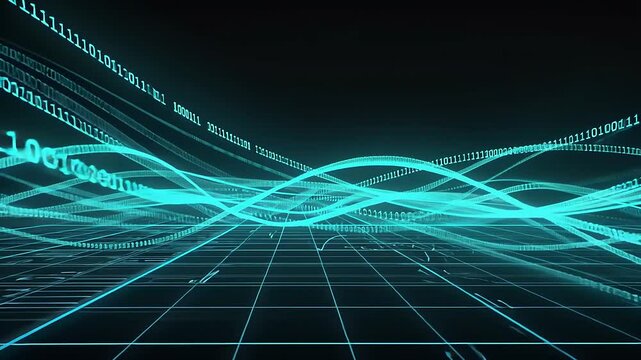 Digital binary code waves over grid network.