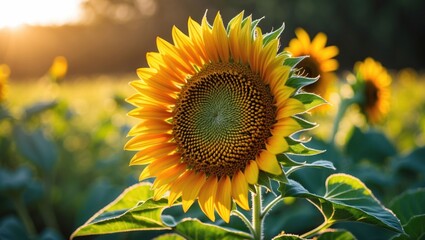 Fototapeta premium Blooming Sunflower in Golden Field During Sunset Radiating Warmth