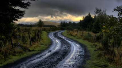 Muddy Country Road Through Woods At Dusk