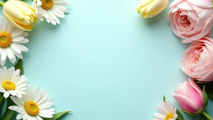 Obraz premium Pastel flowers frame light turquoise background