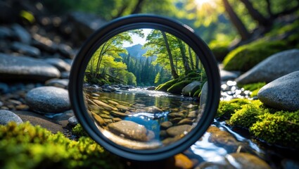 Viewing Mountain Stream Through Camera Lens in Forest Scenery