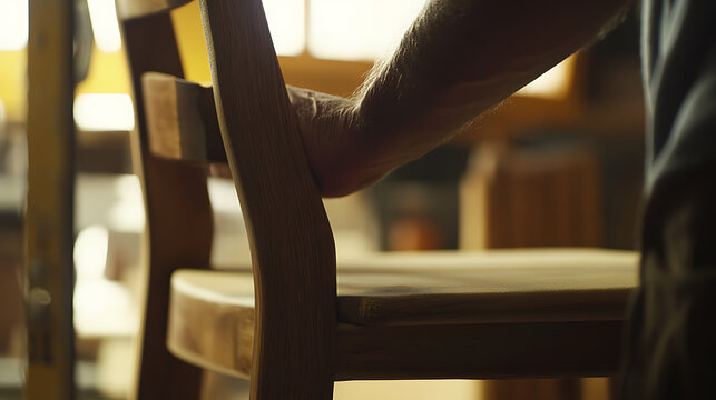 Carpenter sanding wooden chair for smooth finish. Featuring skill and focus