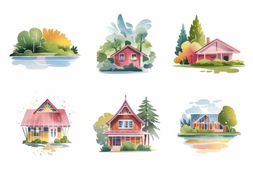 Obraz premium Six colorful watercolor illustrations of charming residential homes.