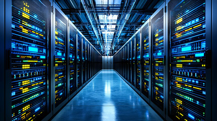 Obraz premium Modern Data Center Corridor With Glowing Server Racks