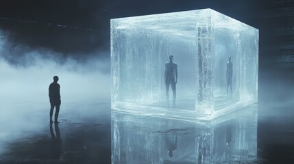 A figure trapped inside a massive crystal cube, their reflection showing different versions of themselves.
