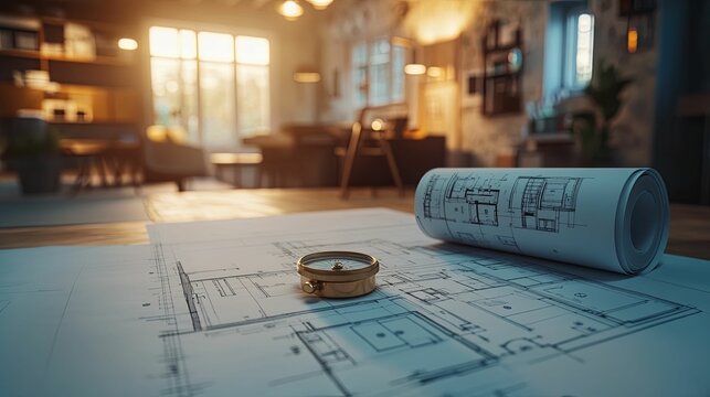 Interior design plans, a compass, and a bright future.