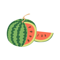 Watermelon vector illustration. Ripe round cut watermelon and slice. Fresh sweet summer fruit. Flat illustration isolated on a white background.