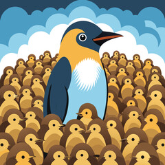A lone adult king penguin stands tall amongst a crowd of fluffy brown chicks.