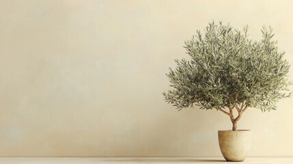 Fototapeta premium Minimalist interior scene featu a potted olive tree with a textured beige wall background and natural lighting, emphasizing simplicity and elegance in home decor