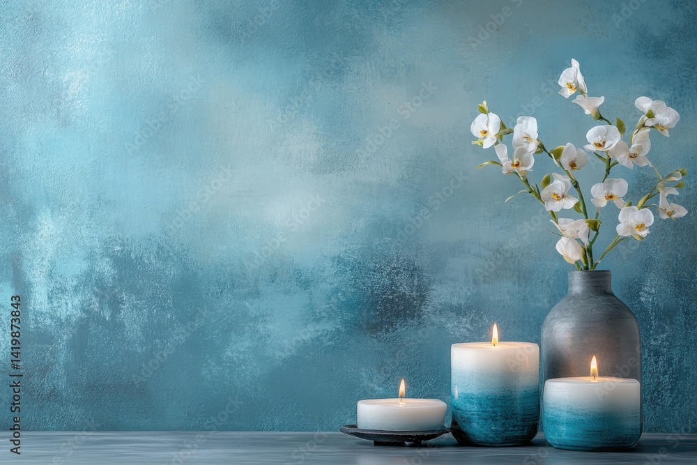 Poster tranquil display of white orchids and candles against a serene blue background in a cozy setting