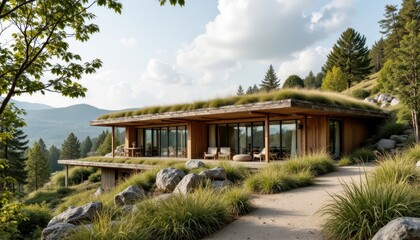 Fototapeta premium The building's organic design features natural materials such as wood and stone, with floor to ceiling windows that offer panoramic views of the surrounding landscape