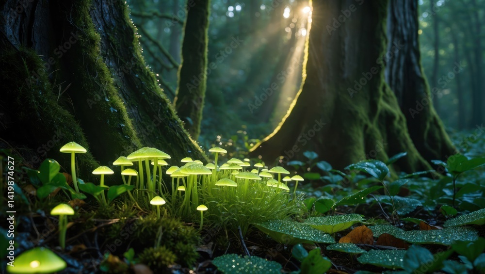 Poster glowing mushrooms in forest with sunlight filtering through the trees