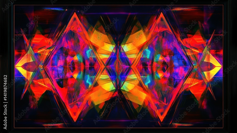 Poster geometric shapes and colorful lights create abstract symmetrical design