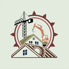 Construction Site Logo with Crane, Buildings, and Gear Wheel Icon &ndash; Industrial Development Concept