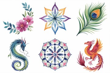 Vibrant watercolor design elements for temporary tattoos or prints.