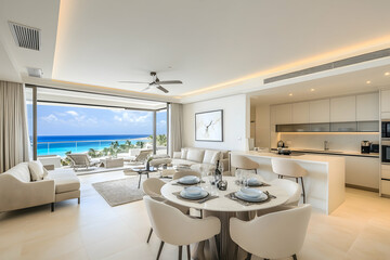 Fototapeta premium Luxurious beachfront condo with stunning ocean views, modern open-plan living, and elegant dining area. Ideal for real estate, travel, or lifestyle publications.