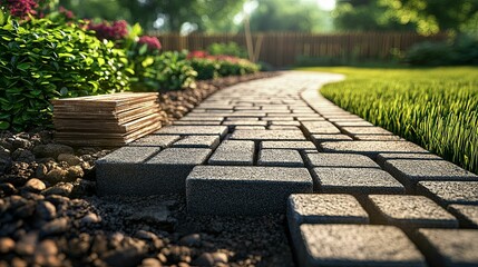 Meandering brick pathway winds through a landscaped garden.