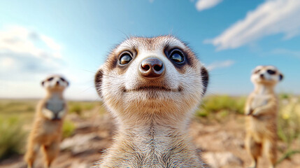 Fototapeta premium Cute Meerkat Selfie with Group on Alert Stance Against the Blue Sky in the Plains of Serengeti