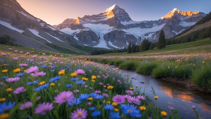 Obraz premium Scenic Mountain Landscape with Wildflowers and Stream at Sunrise