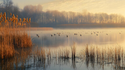 Sunrise Over Misty Lake With Birds