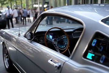 A classic car dashboard features modern design elements and technology, combining nostalgia with contemporary aesthetics in a visually striking composition that resonates emotion.