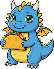 Obraz premium Kawaii Dragon with Big Eyes Eating a Taco, Cute Blue Dragon Holding Taco Cartoon Vector tacosaurus