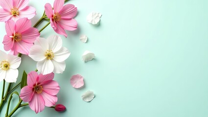Fototapeta premium Soft pink white flowers on mint green background