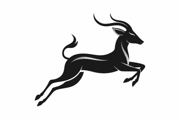 Stylized black silhouette of an antelope leaping gracefully with prominent horns and a curved tail design