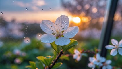 Blooming White Flower with Water Droplets at Golden Hour Sunset