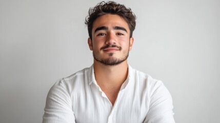 Obraz premium Confident young man in a white shirt with curly hair and a friendly smile posed against a neutral background for professional portraits or lifestyle imagery.