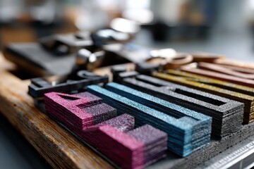 This image showcases vibrant letterpress blocks in various colors, highlighting the artistry of print design, creativity, and craftsmanship combined with a rich, textured background.