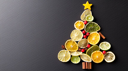 Festive Citrus Christmas Tree with Spices on Dark Background Holiday Season Celebration Still Life