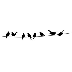 Flock of Birds on Wire. Birds on Power Line Silhouette. Sparrow and Bullfinch. Silhouette Vector Illustration 