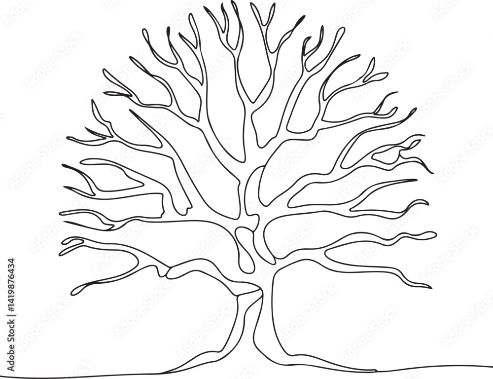 Poster simple and elegant line drawing of a bare winter tree in black and white with a minimalist outline a