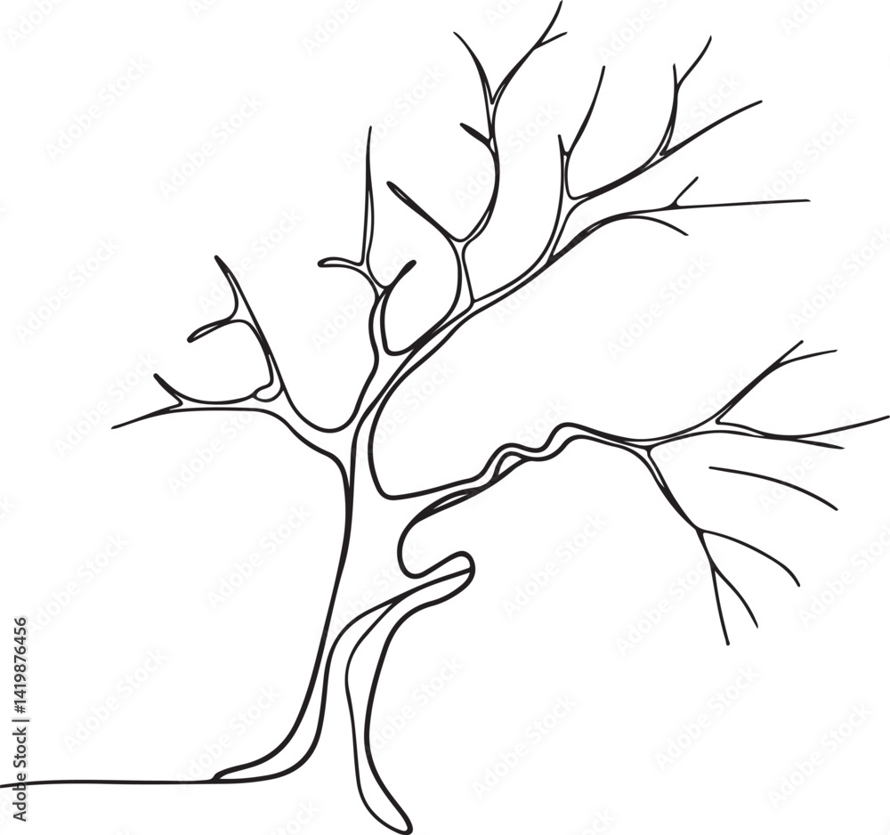 Poster bare tree line art in black and white with symmetrical branches simple minimalist outline and a sere