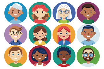 Illustration of twelve diverse cartoon people avatars in colorful circles with different hairstyles