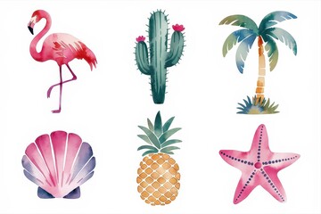 Watercolor illustration of tropical summer elements.