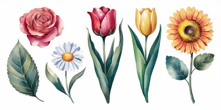 Vibrant floral design featuring a rose, tulips, daisies, and sunflowers.