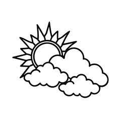Vector Illustration Featuring A Sun Peeking Behind Clouds In Outline Style