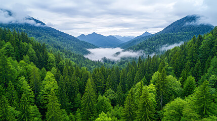 Fototapeta premium Majestic Alpine Valley Forest View with Clouds Embracing Mountain Peaks in Calm Light