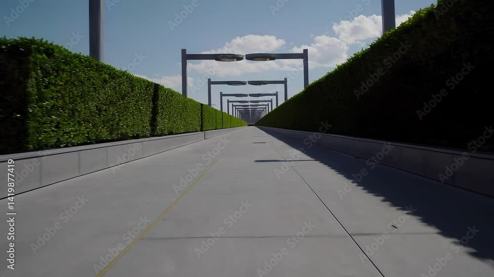 Poster serene urban pathway with modern architecture and greenery lines