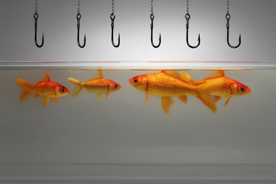Four goldfish swim in a tank, below six fishing hooks hanging from chains, showcasing vulnerability and the concept of temptation or risk - Powered by Adobe
